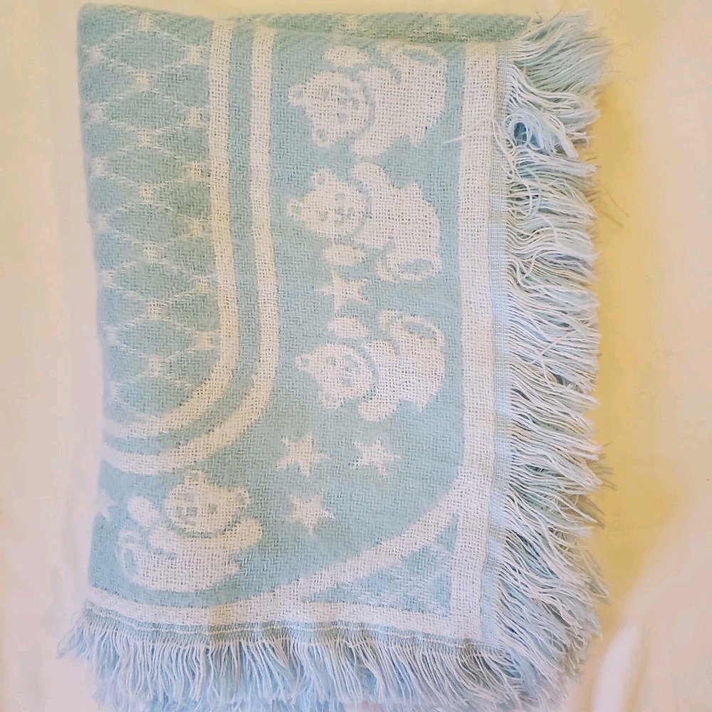 Vintage Bright Future Acrylic Baby Blanket Blue Bears Fringe‎